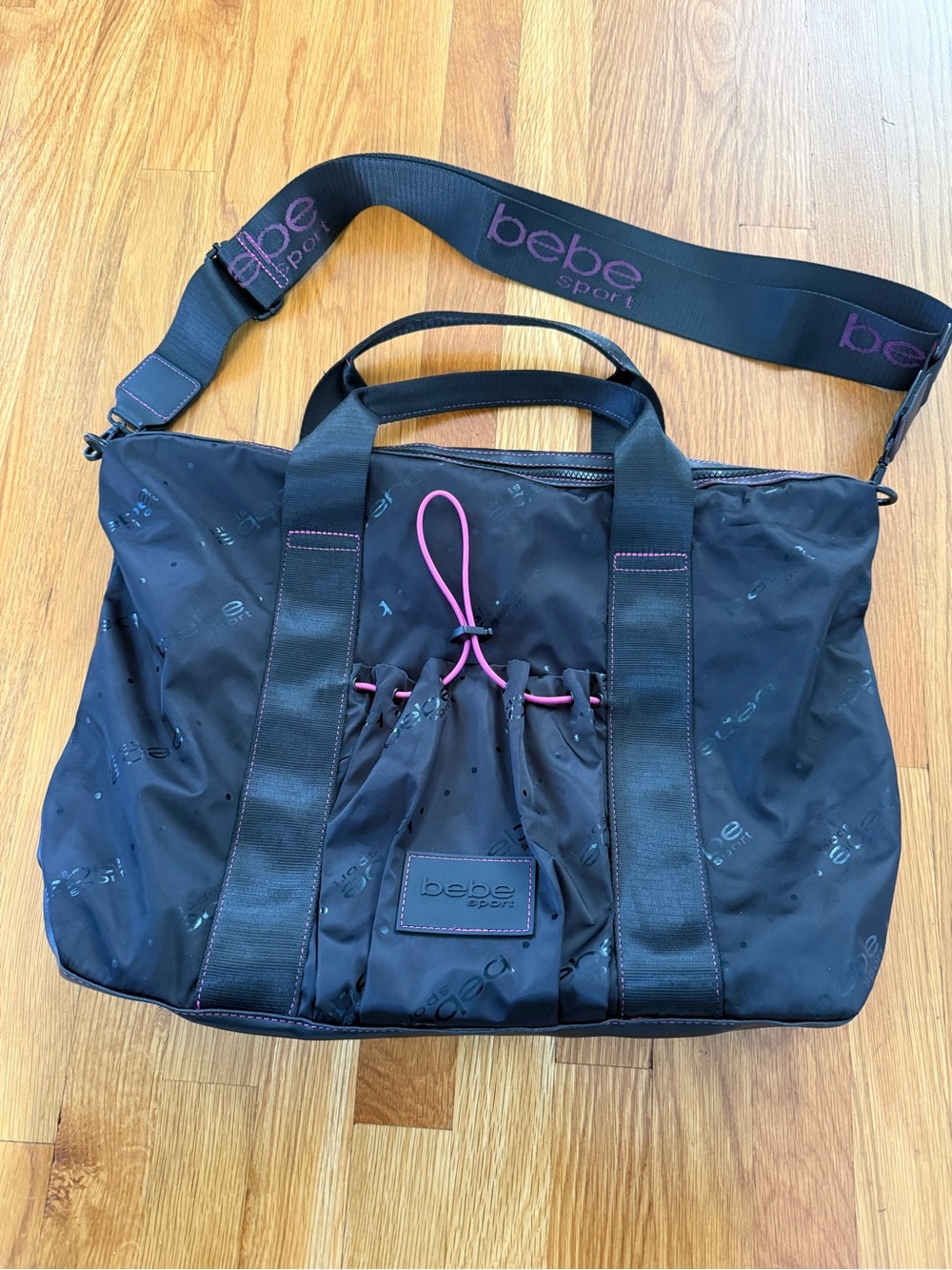 bebe Black Duffel with Pink Strap and Accents